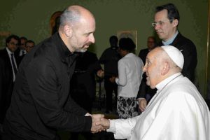 Fr Joe SJ with Pope Francis and Fr Frederic Fornos SJ [international director of PWPN], Jan 26, 2024